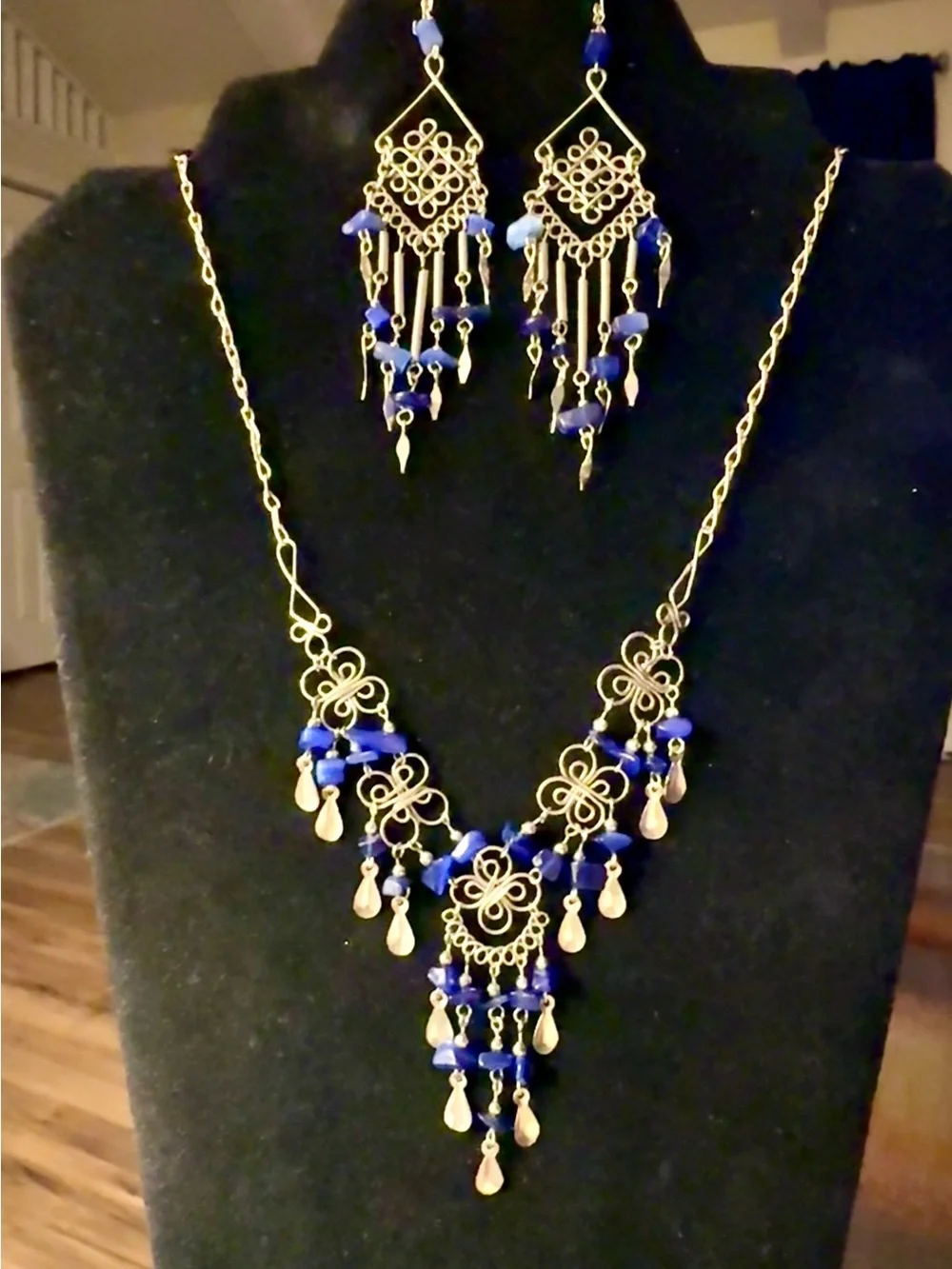 Silver Tone Filigree Statement Necklace and Earrings Set with Blue Stones